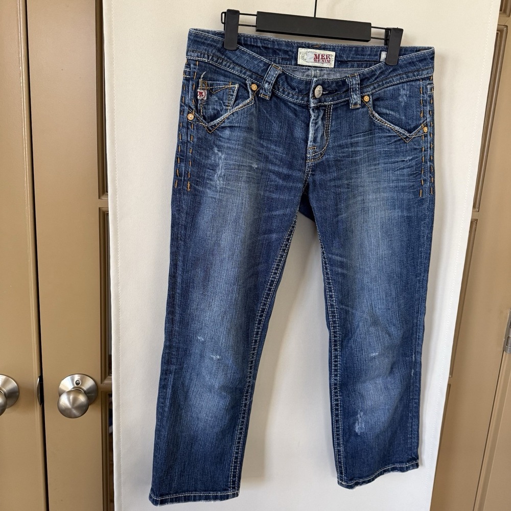 MEK Denim Womens 27 Blue Medium Wash Low  Rise Ohio Distressed Capri Jeans‎